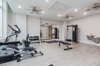 A spacious gym with a variety of equipment including treadmills, weights, and a bench press at James Lewis JR, 29403